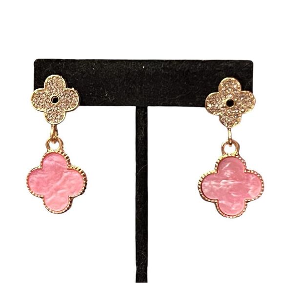 Designer Inspired Elegant Pink Clover Crystal Gold Tone Dangle Earrings - Picture 3 of 4